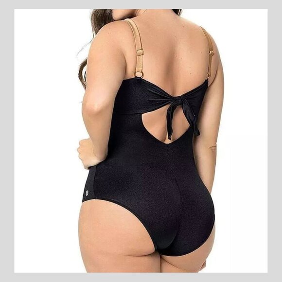 New! Leonisa Black Tan Tie-Back Slimming One Piece Swimsuit 35115 - Picture 2 of 11
